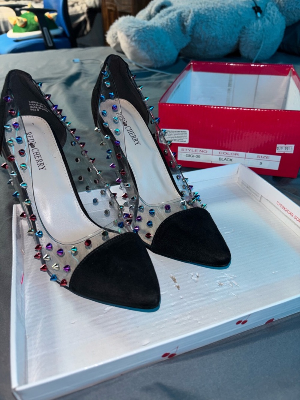 Red Cherry Black Pointed Toe Studded Pumps with Multicolor Spikes